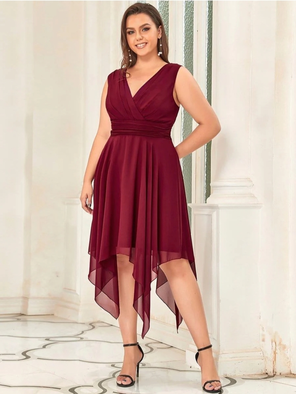 Ever Pretty Burgundy V-Neck Handkerchief Hem Cocktail Dress